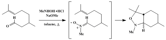 Reaction equation for NITRONES FOR INTRAMOLECULAR 1,3-DIPOLAR CYCLOADDITIONS: HEXAHYDRO-1,3,3,6-TETRAMETHYL-2,1-BENZISOXAZOLINE (2,1-Benzisoxazole, 1,3,3a,4,5,6,7,7a-octahydro-1,3,3,6-tetramethyl-)