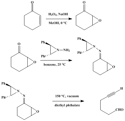 Reaction equation for FRAGMENTATION OF α,β-EPOXYKETONES TO ACETYLENIC ALDEHYDES AND KETONES: PREPARATION OF 2,3-EPOXYCYCLOHEXANONE AND ITS FRAGMENTATION TO 5-HEXYNAL (5-Hexynal)