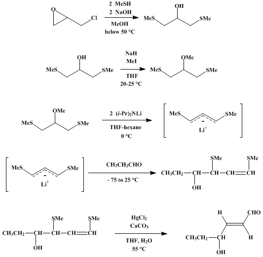 Reaction equation for γ-HYDROXY-α,β-UNSATURATED ALDEHYDES VIA 1,3-BIS(METHYLTHIO)ALLYLLITHIUM: trans-4-HYDROXY-2-HEXENAL (2-Hexenal, 4-hydroxy-)