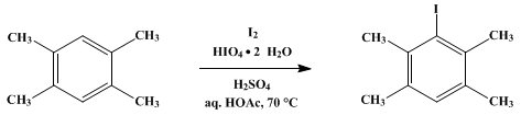 Reaction equation for DIRECT IODINATION OF POLYALKYLBENZENES: IODODURENE (Benzene, 3-iodo-1,2,4,5-tetramethyl-)