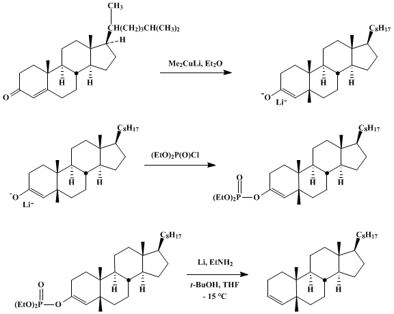 Reaction equation for PREPARATION AND REDUCTIVE CLEAVAGE OF ENOL PHOSPHATES: 5-METHYLCOPROST-3-ENE (Cholest-3-ene, 5-methyl-, (5β)-)