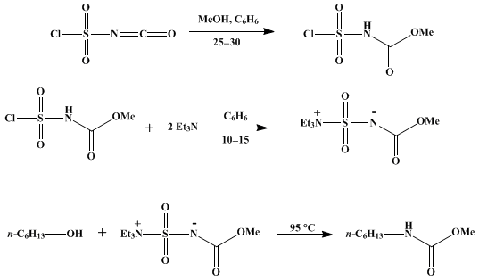 Reaction equation for CONVERSION OF PRIMARY ALCOHOLS TO URETHANES via THE INNER SALT OF METHYL (CARBOXYSULFAMOYL)TRIETHYLAMMONIUM HYDROXIDE: METHYL n-HEXYLCARBAMATE (Carbamic acid, hexyl-, methyl ester)
