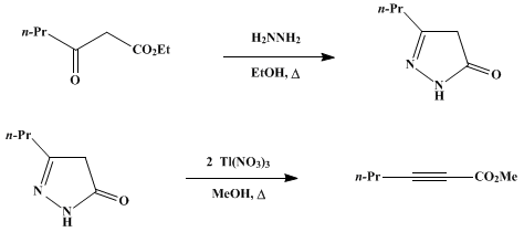 Reaction equation for METHYL 2-ALKYNOATES FROM 3-ALKYL-2-PYRAZOLIN-5-ONES: METHYL 2-HEXYNOATE (2-Hexynoic acid, methyl ester)