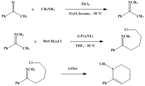 Reaction equation for ENDOCYCLIC ENAMINE SYNTHESIS: N-METHYL-2-PHENYL-Δ2-TETRAHYDROPYRIDINE (Pyridine, 1,2,3,4-tetrahydro-1-methyl-5-phenyl-)
