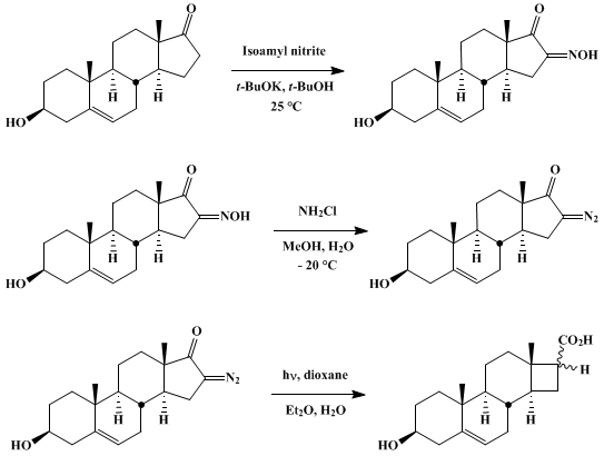 Reaction equation for FORMATION AND PHOTOCHEMICAL WOLFF REARRANGEMENT OF CYCLIC α-DIAZO KETONES: D-NORANDROST-5-EN-3β-OL-16-CARBOXYLIC ACIDS (D-Norandrost-5-ene-16-carboxylic acids, 3β-hydroxy-, (3β,16α) and (3β,16β)-)