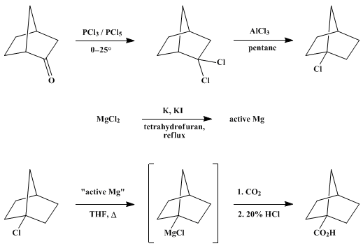 Reaction equation for HIGHLY REACTIVE MAGNESIUM FOR THE PREPARATION OF GRIGNARD REAGENTS: 1-NORBORNANECARBOXYLIC ACID (Bicyclo[2.2.1]heptane-1-carboxylic acid)