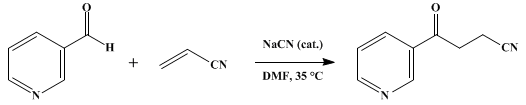 Reaction equation for CYANIDE-CATALYZED CONJUGATE ADDITION OF ARYL ALDEHYDES: 4-OXO-4-(3-PYRIDYL)BUTYRONITRILE (3-Pyridinebutanenitrile, γ-oxo)