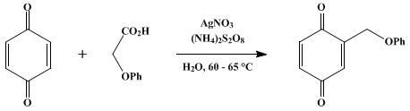 Reaction equation for FREE-RADICAL ALKYLATION OF QUINONES: 2-PHENOXYMETHYL-1,4-BENZOQUINONE (2,5-Cyclohexadiene-1,4-dione, 2-(phenoxymethyl)-)