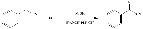 Reaction equation for PHASE-TRANSFER ALKYLATION OF NITRILES: 2-PHENYLBUTYRONITRILE (Benzeneacetonitrile, α-ethyl-)