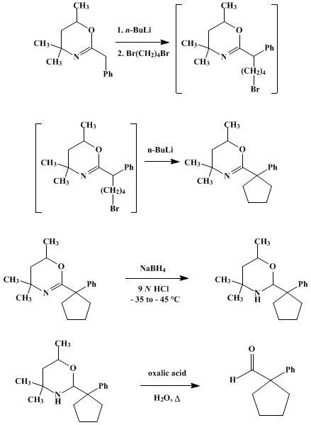 Reaction equation for ALDEHYDES FROM 2-BENZYL-4,4,6-TRIMETHYL-5,6-DIHYDRO-1,3(4H)-OXAZINE: 1-PHENYLCYCLOPENTANECARBOXALDEHYDE (Cyclopentanecarboxaldehyde, 1-phenyl-)