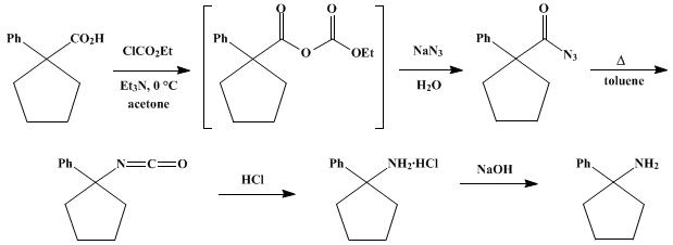 Reaction equation for AMINES FROM MIXED CARBOXYLIC-CARBONIC ANHYDRIDES: 1-PHENYLCYCLOPENTYLAMINE (Cyclopentanamine, 1-phenyl-)