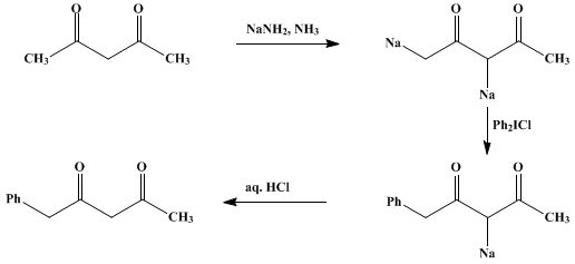 Reaction equation for PHENYLATION WITH DIPHENYLIODONIUM CHLORIDE: 1-PHENYL-2,4-PENTANEDIONE (2,4-Pentanedione, 1-phenyl-)