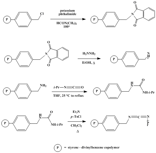Reaction equation for POLYMERIC CARBODIIMIDE. PREPARATION (Benzene, diethenyl-, polymer with ethenylbenzene, [[[[(1-methylethyl)imino]methylene]amino]methyl]deriv.])