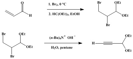 Reaction equation for ALKYNES via PHASE TRANSFER–CATALYZED DEHYDROHALOGENATION: PROPIOLALDEHYDE DIETHYL ACETAL (1-Propyne, 3,3-diethoxy-)