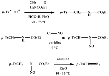 Reaction equation for p-TOLYLSULFONYLDIAZOMETHANE (Benzene, 1-[(diazomethyl)sulfonyl]-4-methyl-)