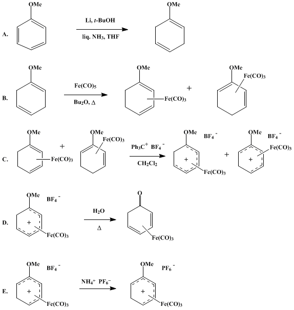 Reaction equation for TRICARBONYL[(2,3,4,5-η)-2,4-CYCLOHEXADIEN-1-ONE]IRON AND TRICARBONYL[(1,2,3,4,5-η)-2-METHOXY-2,4-CYCLOHEXADIEN-1-YL]IRON(1+) HEXAFLUOROPHOSPHATE(1−) FROM ANISOLE (Iron, tricarbonyl[(2,3,4,5-η)-2,4-cyclohexadien-1-one] and Iron(1+), tricarbonyl[(1,2,3,4,5-η)-2-methoxy-2,4-cyclohexadien-1-yl] hexafluorophosphate (1−))