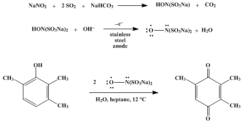 Reaction equation for OXIDATION WITH THE NITROSODISULFONATE RADICAL. I. PREPARATION AND USE OF DISODIUM NITROSODISULFONATE: TRIMETHYL-p-BENZOQUINONE (Nitrosodisulfonic acid, disodium salt and 2,5-Cyclohexadiene-1,4-dione, 2,3,5-trimethyl-)