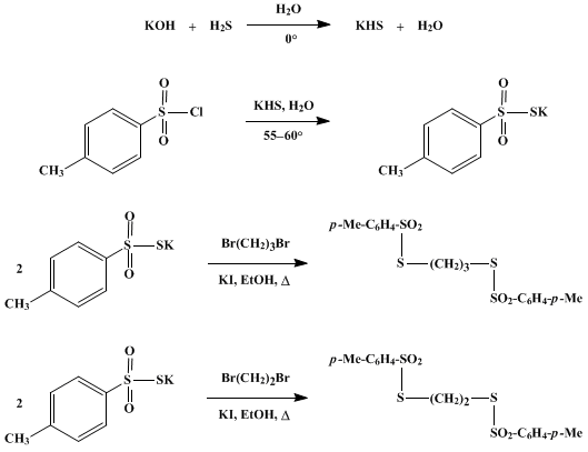 Reaction equation for TRIMETHYLENE DITHIOTOSYLATE AND ETHYLENE DITHIOTOSYLATE (Benzenesulfonothioic acid, 4-methyl-, S,S'-1,3-propanediyl and S,S'-1,2-ethanediyl esters)