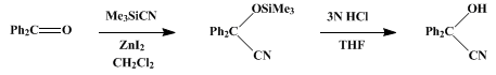Reaction equation for CONVERSION OF KETONES TO CYANOHYDRINS: BENZOPHENONE CYANOHYDRIN (Benzeneacetonitrile, α-hydroxy-αphenyl)