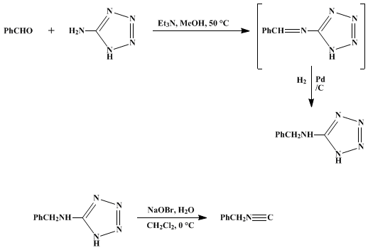 Reaction equation for OXIDATION OF 5-AMINOTETRAZOLES: BENZYL ISOCYANIDE (Benzene, isocyanomethyl)