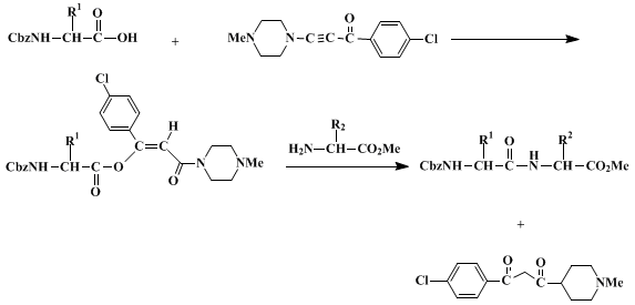 Reaction equation for PEPTIDE SYNTHESIS USING 1-(4-CHLOROPHENYL)-3-(4'-METHYL-1'-PIPERAZINYL)-2-PROPYN-1-ONE AS REAGENT: BENZYLOXYCARBONYL-L-ALANYL-L-CYSTEINE METHYL ESTER AND BENZYLOXYCARBONYL-L-ASPARTYL-(tert-BUTYL ESTER)-L-PHENYLALANYL-L-VALINE METHYL ESTER