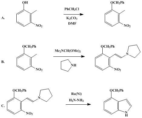 Reaction equation for INDOLES FROM 2-METHYLNITROBENZENES BY CONDENSATION WITH FORMAMIDE ACETALS FOLLOWED BY REDUCTION: 4-BENZYLOXYINDOLE (1H-Indole, 4-(phenylmethoxy)-)