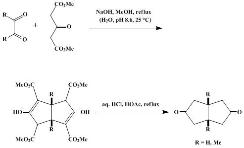 Reaction equation for CONDENSATION OF DIMETHYL 1,3-ACETONEDICARBOXYLATE WITH 1,2-DICARBONYL COMPOUNDS: cis-BICYCLO[3.3.0]OCTANE-3,7-DIONES (2,5(1H,3H)-Pentalenedione, tetrahydro-, cis-, and 2,5(1H,3H)-pentalenedione, tetrahydro-, 3a,6a-dimethyl-, cis)