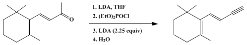 Reaction equation for CONVERSION OF METHYL KETONES INTO TERMINAL ALKYNES: (E)-BUTEN-3-YNYL-2,6,6-TRIMETHYL-1-CYCLOHEXENE (Cyclohexene, 2-(1-buten-3-ynyl)-1,3,3-trimethyl-, (E)-)