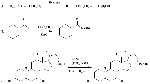 Reaction equation for PREPARATION OF THIOL ESTERS: S-tert-BUTYL CYCLOHEXANECARBOTHIOATE AND S-tert-BUTYL 3α,7α,12α-TRIHYDROXY-5β-CHOLANE-24-THIOATE (Cyclohexanecarbothioic acid, S-(1,1-dimethylethyl)ester and cholane-24-thioic acid, 3,7,12-trihydroxy-S-(1,1-dimethylethyl)ester, (3α,5β,7α,12α))