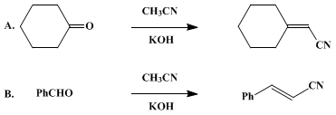 Reaction equation for SYNTHESIS OF α,β-UNSATURATED NITRILES FROM ACETONITRILE: CYCLOHEXYLIDENEACETONITRILE AND CINNAMONITRILE (Acetonitrile, cyclohexylidene- and 2-propenenitrile, 3-phenyl, (E)- and (Z)-)