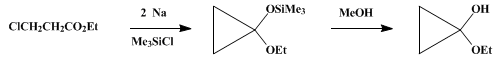 Reaction equation for CYCLOPROPANONE ETHYL HEMIACETAL FROM ETHYL 3-CHLOROPROPANOATE (Cyclopropanol, 1-ethoxy-)