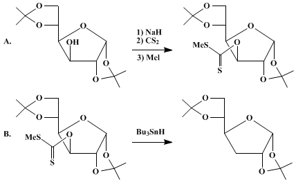 Reaction equation for DEOXYGENATION OF SECONDARY ALCOHOLS: 3-DEOXY-1,2:5,6-DI-O-ISOPROPYLIDENE-α-d-ribo-HEXOFURANOSE (α-d-ribo-Hexofuranose, 3-deoxy-1,2:5,6-bis-O-(1-methylethylidene)-)