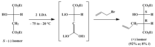 Reaction equation for DIASTEREOSELECTIVE α-ALKYLATION OF β-HYDROXYCARBOXYLIC ESTERS THROUGH ALKOXIDE ENOLATES: DIETHYL (2S, 3R)-(+)-3-ALLYL-2-HYDROXYSUCCINATE FROM DIETHYL (S)-( − )-MALATE (Butanedioic acid, 2-hydroxy-3-(2-propenyl)-, diethyl ester, [S-(R,S)])