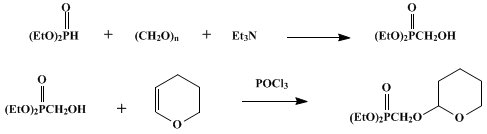 Reaction equation for DIETHYL [(2-TETRAHYDROPYRANYLOXY)METHYL]PHOSPHONATE (Phosphonic acid, [(tetrahydro-2 H-pyran-2-yl)oxy]methyl-, diethyl ester)