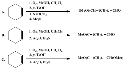 Reaction equation for OZONOLYTIC CLEAVAGE OF CYCLOHEXENE TO TERMINALLY DIFFERENTIATED PRODUCTS: METHYL 6-OXOHEXANOATE, 6,6-DIMETHOXYHEXANAL, METHYL 6,6-DIMETHOXYHEXANOATE (Hexanoic acid, 6-oxo-, methyl ester; hexanal, 6,6-dimethoxy-; hexanoic acid, 6,6-dimethoxy-, methyl ester)