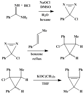 Reaction equation for PREPARATION OF CHLOROPHENYLDIAZIRINE AND THERMAL GENERATION OF CHLOROPHENYL CARBENE: 1,2-DIPHENYL-3-METHYLCYCLOPROPENE (Benzene, 1,1'-(3-methyl-1-cyclopropene-1,2-diyl)-bis-)