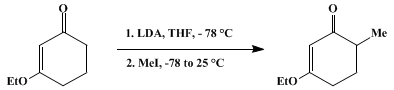 Reaction equation for THE STORK–DANHEISER KINETIC ALKYLATION PROCEDURE: 3-ETHOXY-6-METHYL-2-CYCLOHEXEN-1-ONE (2-Cyclohexen-1-one, 3-ethoxy-6-methyl-)