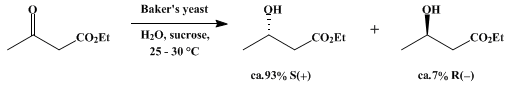 Reaction equation for YEAST REDUCTION OF ETHYL ACETOACETATE: (S)-( + )-ETHYL 3-HYDROXYBUTANOATE (Butanoic acid, 3-hydroxy-, ethyl ester, (S))
