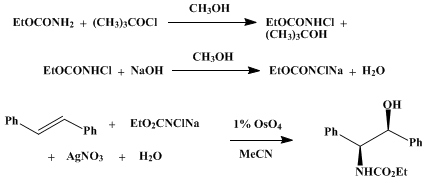 Reaction equation for OSMIUM-CATALYZED VICINAL OXYAMINATION OF OLEFINS BY N-CHLORO-N-ARGENTOCARBAMATES: ETHYL threo-[1-(2-HYDROXY-1,2-DIPHENYLETHYL)]CARBAMATE (Carbamic acid (2-hydroxy-1,2-diphenylethyl),-ethyl ester, (R*R*)-)