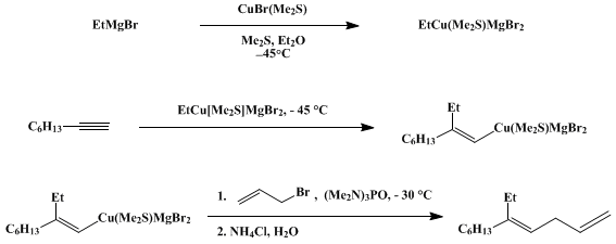 Reaction equation for ADDITION OF AN ETHYLCOPPER COMPLEX TO 1-OCTYNE: (E)-5-ETHYL-1,4-UNDECADIENE (1,4-Undecadiene, 5-ethyl-, (E)-)