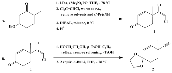 Reaction equation for DICHLOROVINYLATION OF AN ENOLATE: 8-ETHYNYL-8-METHYL-1,4-DIOXASPIRO[4.5]DEC-6-ENE (1,4-Dioxaspiro[4.5]dec-6-ene, 8-ethynyl-8-methyl-)