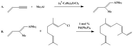 Reaction equation for PALLADIUM-CATALYZED SYNTHESIS OF 1,4-DIENES BY ALLYLATION OF ALKENYLALANES:α-FARNESENE (1,3,6,10-Dodecatetraene, 3,7,11-trimethyl-)