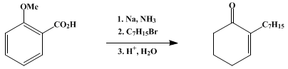 Reaction equation for ALKYLATION OF THE ANION FROM BIRCH REDUCTION OF o-ANISIC ACID: 2-HEPTYL-2-CYCLOHEXENONE