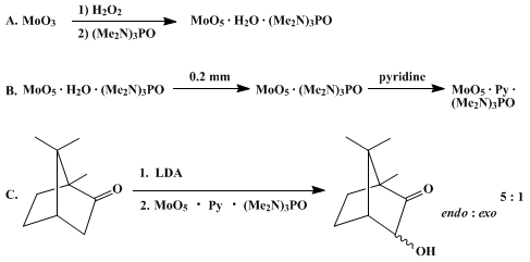 Reaction equation for HYDROXYLATION OF ENOLATES WITH OXODIPEROXYMOLYBDENUM(PYRIDINE)(HEXAMETHYLPHOSPHORIC TRIAMIDE), MoO5·Py·HMPA(MoOPH): 3-HYDROXY-1,7,7-TRIMETHYLBICYCLO[2.2.1]HEPTAN-2-ONE (Bicyclo[2.2.1]heptan-2-one, 3-hydroxy-1,7,7-trimethyl-)