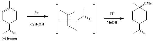 Reaction equation for PHOTOPROTONATION OF CYCLOALKENES: LIMONENE TO p-MENTH-8-EN-1-YL METHYL ETHER (Cyclohexane, 1-methoxy-1-methyl-4-(1-ethenyl-1-methyl-))
