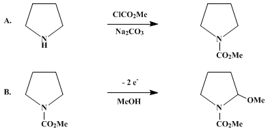 Reaction equation for ANODIC OXIDATION OF N-CARBOMETHOXYPYRROLIDINE: 2-METHOXY-N-CARBOMETHOXYPYRROLIDINE (1-Pyrrolidinecarboxylic acid, 2-methoxy-, methyl ester)