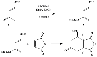 Reaction equation for PREPARATION AND DIELS–ALDER REACTION OF A HIGHLY NUCLEOPHILIC DIENE: trans-1-METHOXY-3-TRIMETHYLSILOXY-1,3-BUTADIENE AND 5β-METHOXYCYCLOHEXAN-1-ONE-3β,4β-DICARBOXYLIC ACID ANHYDRIDE (Silane, [(3-methoxy-1-methylene-2-propenyl)oxy]trimethyl-)