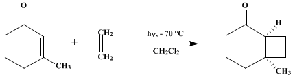 Reaction equation for PHOTOCYCLIZATION OF AN ENONE TO AN ALKENE: 6-METHYLBICYCLO[4.2.0]OCTAN-2-ONE (Bicyclo[4.2.0]octan-2-one, 6-methyl-)