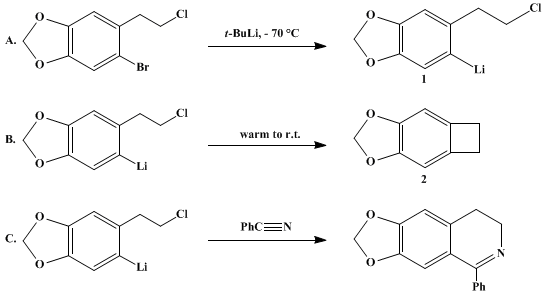Reaction equation for SELECTIVE HALOGEN-LITHIUM EXCHANGE REACTIONS OF 2-(2'-HALOPHENYL)ETHYL HALIDES: SYNTHESIS OF 4,5-METHYLENEDIOXYBENZOCYCLOBUTENE AND 1-PHENYL-3,4-DIHYDRO-6,7-METHYLENEDIOXYISOQUINOLINE (Cyclobuta[f]-1,3-benzodioxole, 5,6-dihydro- and 1,3-dioxolo [4,5-g]isoquinoline, 7,8-dihydro-5-phenyl-)