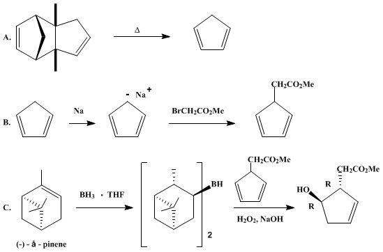 Reaction equation for ASYMMETRIC HYDROBORATION OF 5-SUBSTITUTED CYCLOPENTADIENES: SYNTHESIS OF METHYL (1 R,5R)-5-HYDROXY-2-CYCLOPENTENE-1-ACETATE (2-Cyclopentene-1-acetic acid, 5-hydroxy-, methyl ester, (1R-trans)-)